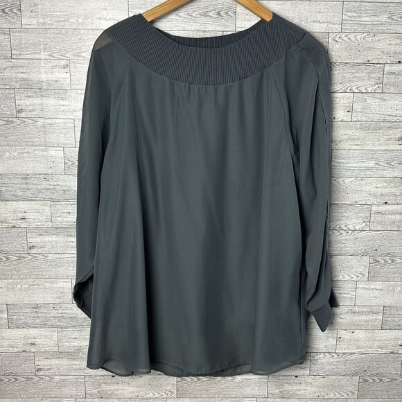 Soft‎ Surroundings Gray Sheer Overlay Knit Trim Long Sleeve Top Size Large - Picture 2 of 13